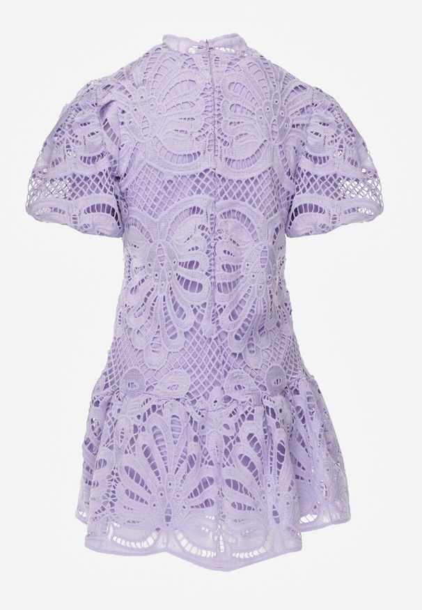 Renee - Fioletowa Sukienka Amathinna. Typ kołnierza: kołnierzyk stójkowy. Kolor: fioletowy. Materiał: tkanina, koronka. Wzór: aplikacja, koronka, jednolity, ażurowy. Sezon: lato. Styl: retro, wizytowy. Długość: mini