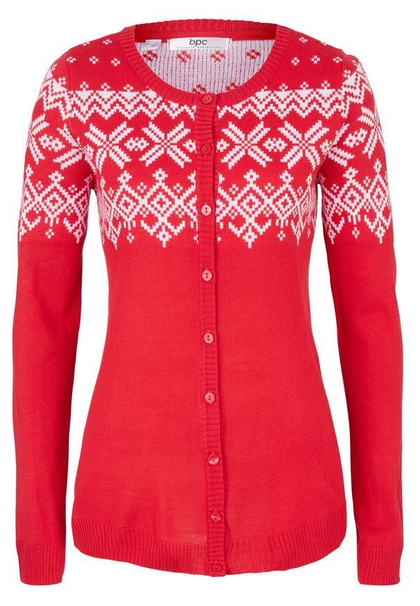 Sweter rozpinany z szerokimi rękawami, w norweski wzór bonprix czerwono-biały. Kolor: czerwony. Materiał: materiał, akryl
