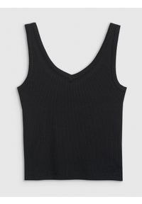 4f - 4F Top slim z prążkowanej dzianiny damski - czarny XS. Typ kołnierza: dekolt w serek. Kolor: czarny. Materiał: dzianina, prążkowany. Długość rękawa: na ramiączkach. Wzór: prążki