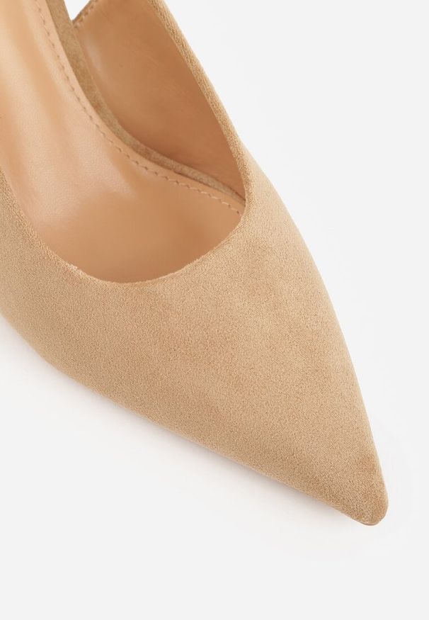 Renee - Ciemnobeżowe Sandały na Szpilce w Stylu Slingback Tarosie. Okazja: na co dzień. Zapięcie: sprzączka. Kolor: beżowy. Materiał: jeans. Sezon: wiosna. Obcas: na szpilce. Styl: casual, elegancki