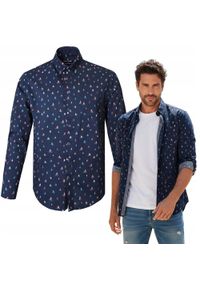 Granatowa Koszula o Prostym Kroju w Żaglówki - Pako Jeans. Okazja: na co dzień. Kolor: niebieski. Materiał: wiskoza, bawełna. Styl: casual #5