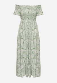 Born2be - Zielona Sukienka Hiszpanka z Bawełny Ozdobiona Falbanką Risalens. Okazja: na spacer, na co dzień. Typ kołnierza: dekolt hiszpanka. Kolor: zielony. Materiał: bawełna. Długość rękawa: krótki rękaw. Wzór: aplikacja. Typ sukienki: proste. Styl: casual #4