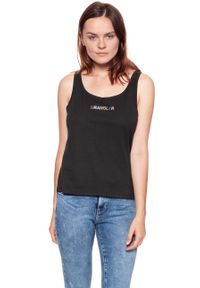 Wrangler - WRANGLER T SHIRT DAMSKI TANK BLACK W7387EV01. Okazja: na co dzień. Długość rękawa: na ramiączkach. Wzór: nadruk, kolorowy. Styl: casual #9