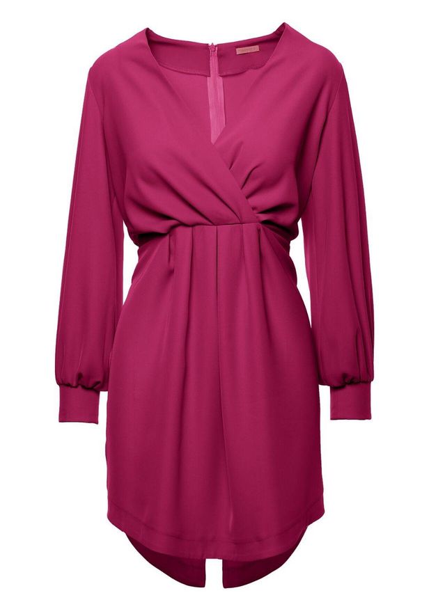 Makover - Elegancka kopertowa sukienka mini z bufiastymi rękawami. Typ kołnierza: dekolt kopertowy. Materiał: elastan. Typ sukienki: kopertowe. Styl: elegancki. Długość: mini