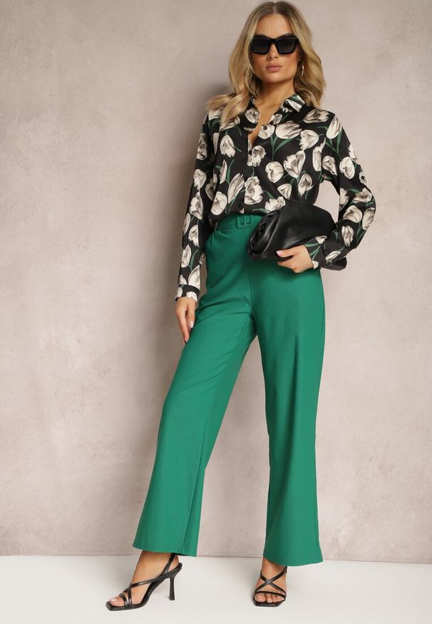 Renee - Zielone Spodnie Szerokie w Stylu Paper Bag z Materiałowym Paskiem Xennia. Kolor: zielony. Materiał: materiał