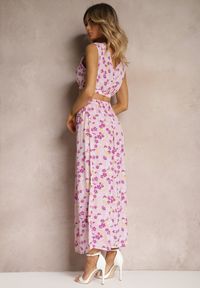 Renee - Różowy Komplet Dwuczęściowy Top bez Rękawów Spódnica z Gumką w Talii w Kwiaty Dimanisa. Kolor: różowy. Materiał: tkanina. Wzór: kwiaty #3