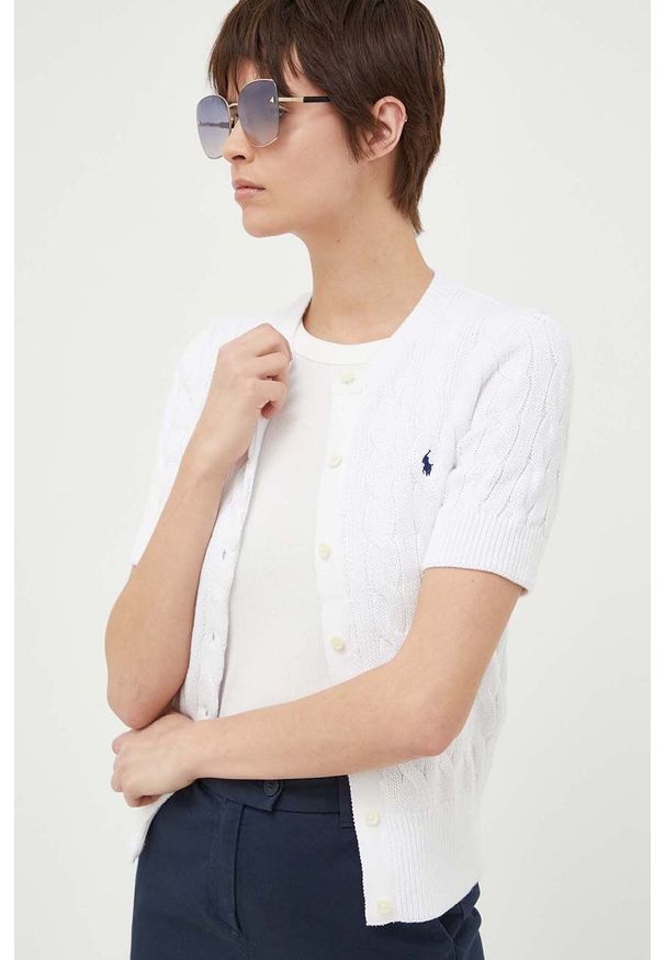 Polo Ralph Lauren kardigan bawełniany kolor biały lekki. Typ kołnierza: polo. Kolor: biały. Materiał: bawełna. Długość rękawa: krótki rękaw. Długość: krótkie. Wzór: ze splotem