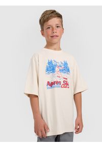 4f - 4F T-shirt loose z nadrukiem chłopięcy - biały 134/140 (8-10 lat). Okazja: na uczelnię, na co dzień. Kolor: biały. Materiał: dzianina, bawełna, materiał. Długość: długie. Wzór: nadruk. Sezon: lato. Styl: casual #1