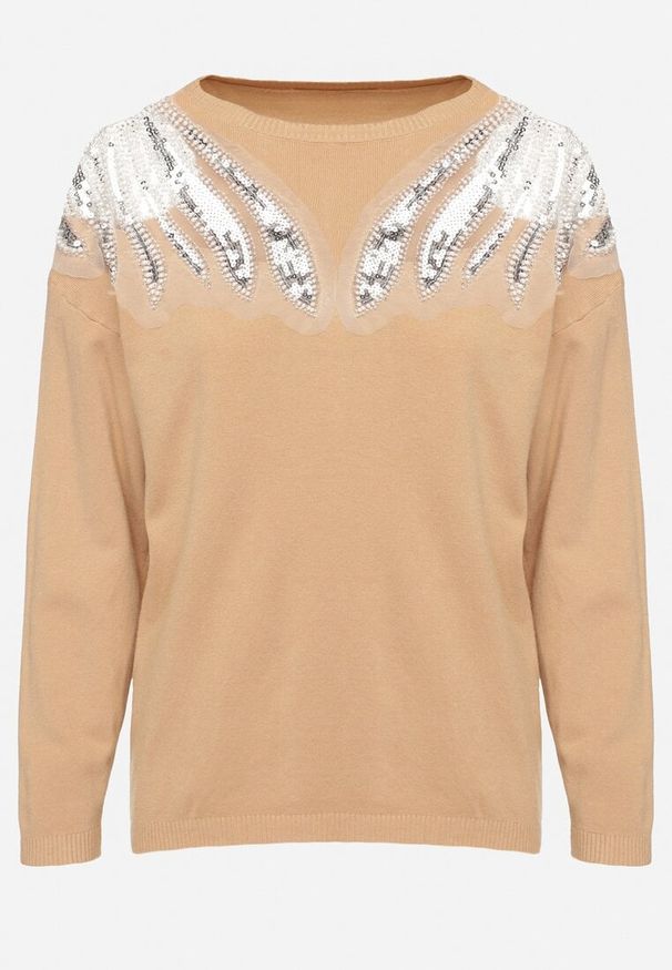 Born2be - Ciemnobeżowy Sweter z Wiskozą Cekinami i Koralikami Nevalanna. Okazja: na spotkanie biznesowe. Kolor: beżowy. Materiał: wiskoza. Styl: wizytowy, biznesowy, klasyczny