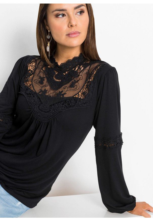 bonprix - Shirt z koronką i długim rękawem. Typ kołnierza: kołnierzyk stójkowy. Kolor: czarny. Materiał: koronka. Długość rękawa: długi rękaw. Długość: długie. Wzór: koronka. Styl: boho