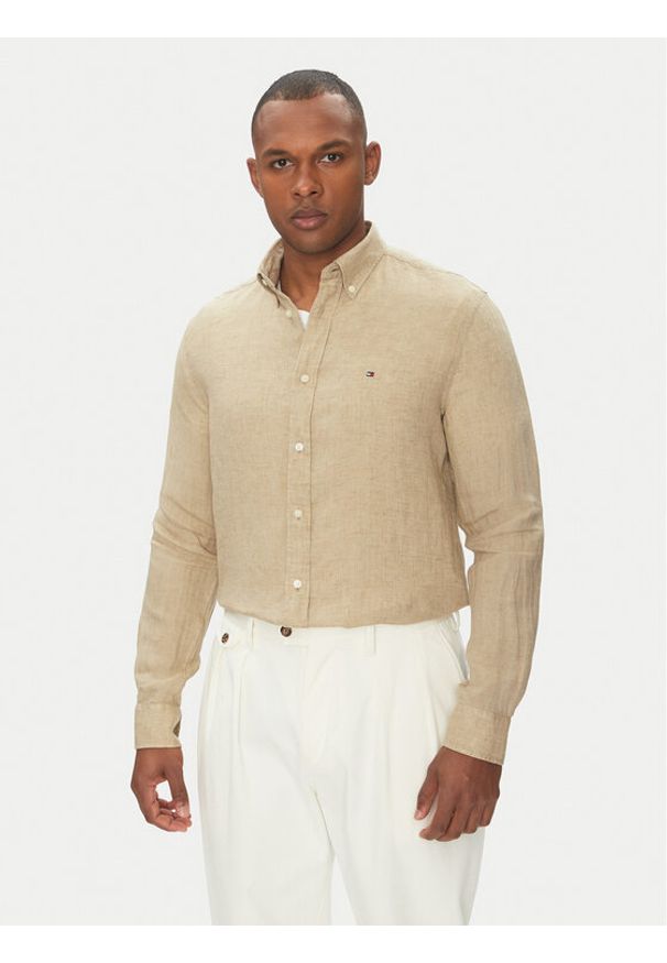 TOMMY HILFIGER - Tommy Hilfiger Koszula MW0MW34602 Beżowy Regular Fit. Kolor: beżowy. Materiał: len