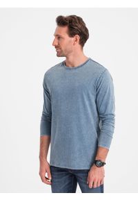 Ombre Clothing - Longsleeve męski washowany z okrągłym dekoltem - niebieski denim V6 OM-LSWL-0103 - XXL. Okazja: na co dzień. Kolor: niebieski. Materiał: denim. Długość rękawa: długi rękaw. Długość: długie. Wzór: gładki. Styl: klasyczny, rockowy, casual #4