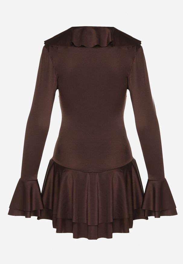 Renee - Brązowa Sukienka o Taliowanym Kroju z Falbanami Tiseania. Okazja: na randkę. Typ kołnierza: dekolt w kształcie V, kołnierz z falbankami, dekolt sznurowany. Kolor: brązowy. Styl: klasyczny