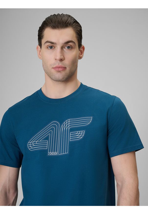 4f - 4F T-shirt regular z nadrukiem męski - turkusowy S. Okazja: na co dzień. Kolor: turkusowy. Materiał: jeans, bawełna, dresówka, dzianina. Wzór: nadruk. Styl: klasyczny, casual