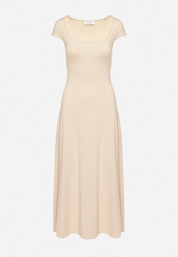 Born2be - Jasnobeżowa Sukienka z Wiskozą o Rozkloszowanym Kroju z Kwadratowym Dekoltem Nalireina. Okazja: na co dzień. Typ kołnierza: dekolt kwadratowy. Kolor: beżowy. Materiał: wiskoza. Typ sukienki: rozkloszowane, proste. Styl: casual, klasyczny