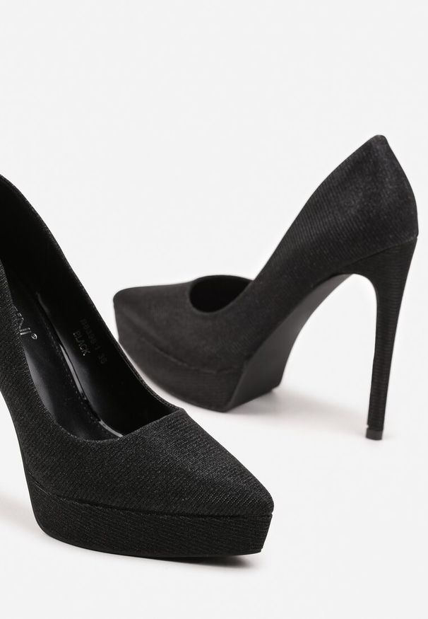 Renee - Czarne Eleganckie Brokatowe Szpilki na Platformie w Klasycznym Stylu Navienne. Okazja: na co dzień, na spotkanie biznesowe, do pracy. Kolor: czarny. Obcas: na platformie. Styl: elegancki, klasyczny