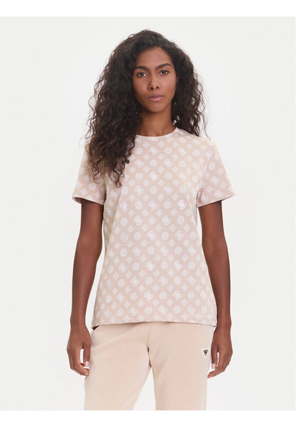 Guess T-Shirt V5YI04 I3Z14 Beżowy Regular Fit. Kolor: beżowy. Materiał: bawełna