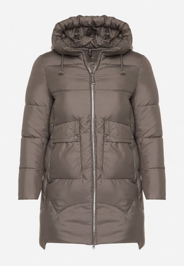 Born2be - Szara Długa Pikowana Kurtka z Nieodpinanym Kapturem Mevessia. Okazja: na co dzień. Kolor: szary. Materiał: jeans. Długość: długie. Styl: casual, klasyczny, elegancki