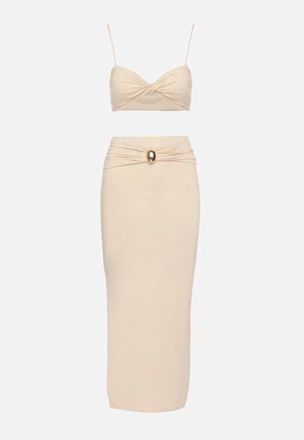 Born2be - Beżowy Komplet z Wiskozą Top na Ramiączkach i Spódnica z Rozcięciem Savolise. Kolor: beżowy. Materiał: wiskoza