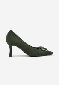Born2be - Zielone Czółenka na Szpilce z Biżuteryjną Klamrą Amfrene. Nosek buta: otwarty. Zapięcie: klamry. Kolor: zielony. Obcas: na szpilce. Styl: klasyczny. Wysokość obcasa: średni #5