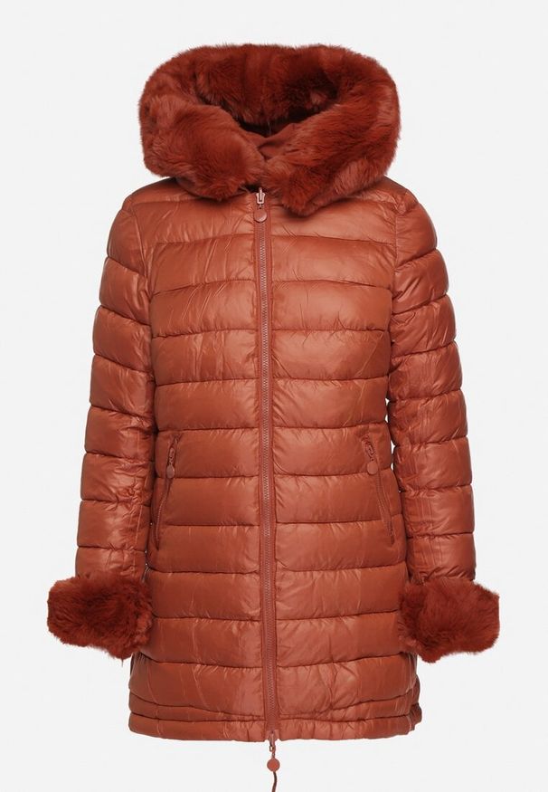 Born2be - Pomarańczowa Kurtka Dwustronna Parka z Kapturem i Odpinanym Futerkiem Nevelithra. Okazja: na co dzień, na spacer. Typ kołnierza: kaptur. Kolor: czerwony. Materiał: futro. Sezon: zima. Styl: klasyczny, casual
