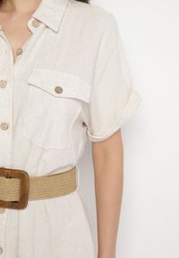 Born2be - Beżowa Koszulowa Sukienka z Lnu i Wiskozy z Elastycznym Paskiem z Klamrą Elanithea. Okazja: na co dzień. Typ kołnierza: kołnierzyk klasyczny. Kolor: beżowy. Materiał: wiskoza, len. Długość rękawa: krótki rękaw. Typ sukienki: koszulowe. Styl: elegancki, casual, klasyczny #5