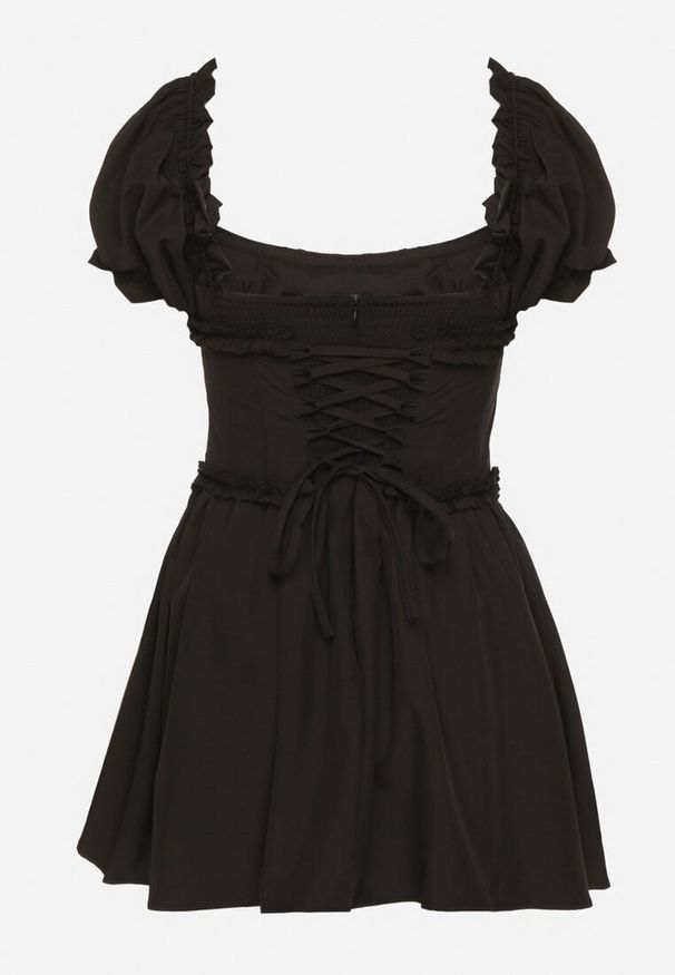 Born2be - Czarna Sukienka Vices w Rustykalnym Stylu z Gorsetowym Wiązaniem Tolaviela. Okazja: na spacer, na imprezę. Typ kołnierza: dekolt gorset. Kolor: czarny. Materiał: jeans. Wzór: aplikacja. Typ sukienki: gorsetowe. Styl: elegancki