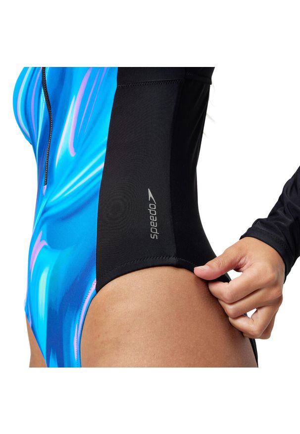 Strój kąpielowy jednoczęściowy damski na basen Speedo Printed LS Zip. Kolor: czarny, niebieski, wielokolorowy