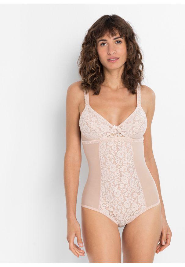 bonprix - Body shape bez fiszbinów, średni stopień modelowania sylwetki. Kolor: beżowy. Materiał: koronka. Wzór: koronka