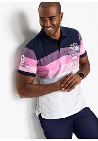 bonprix - Shirt polo z dżerseju z czystej bawełny, z krótkim rękawem. Typ kołnierza: polo. Kolor: niebieski. Materiał: bawełna, jersey. Długość rękawa: krótki rękaw. Długość: krótkie. Wzór: aplikacja, paski, nadruk