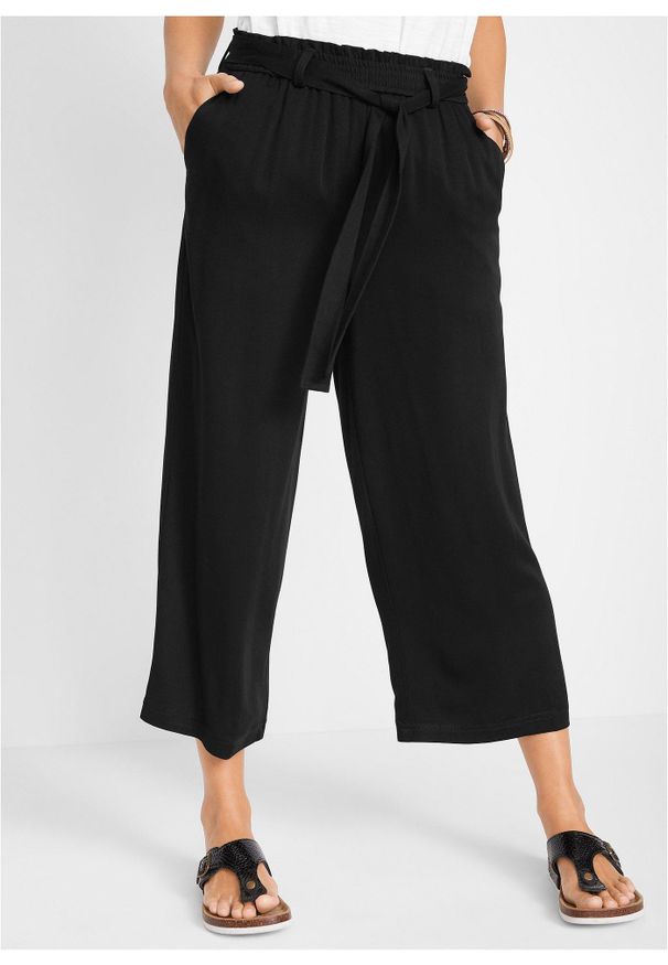 bonprix - Spodnie culotte z wiskozy z wiązanym paskiem. Kolor: czarny. Materiał: wiskoza
