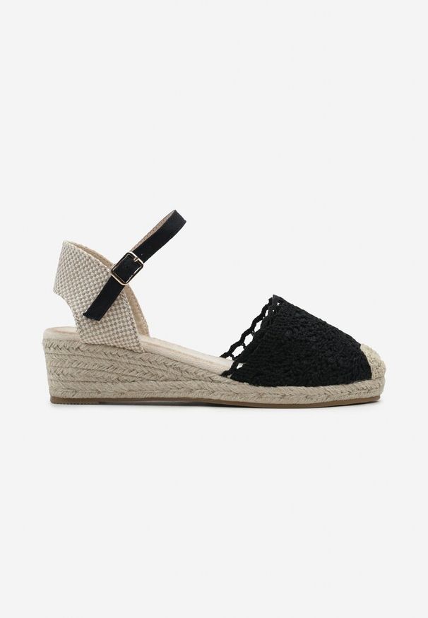 Renee - Czarne Sandały w Stylu Espadryli na Koturnie z Plecionką i Ażurowym Noskiem Bellisae. Kolor: czarny. Wzór: ażurowy. Sezon: lato. Obcas: na koturnie. Styl: elegancki