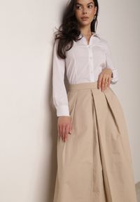 Born2be - Beżowa Rozkloszowana Spódnica z Bawełny z Szerokimi Plisami Malona. Okazja: do pracy, na co dzień. Kolor: beżowy. Materiał: bawełna. Styl: casual #7