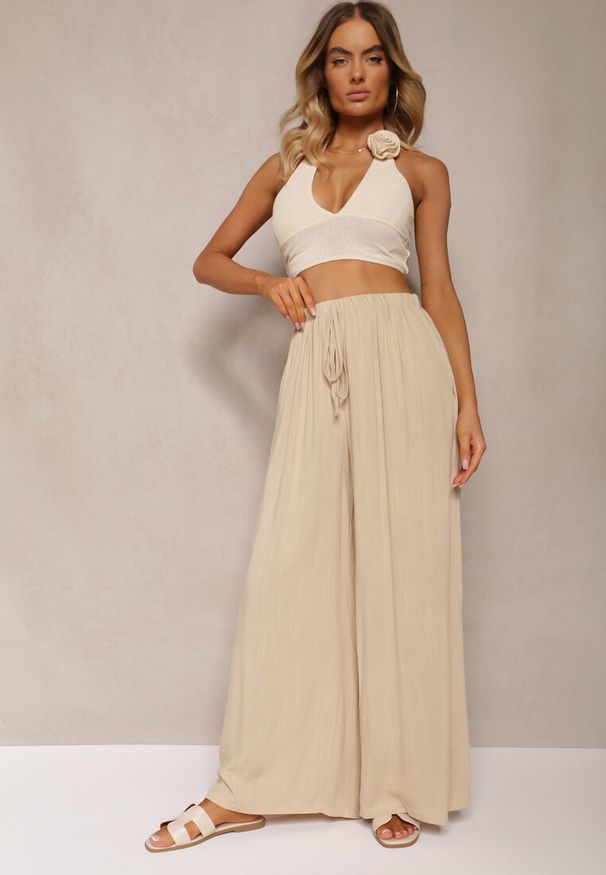 Renee - Beżowe Szerokie Spodnie High Waist z Gumką w Talii Ilnena. Okazja: na co dzień. Stan: podwyższony. Kolor: beżowy. Styl: klasyczny, casual, elegancki