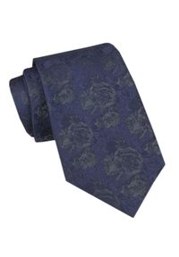 Krawat Męski - Alties - Granatowy w Grafitowe Róże. Kolor: niebieski. Materiał: tkanina. Styl: elegancki, wizytowy