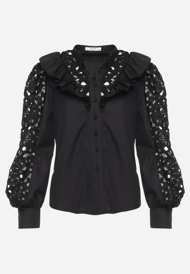 Born2be - Czarna Koszula z Falbanką i Ażurowymi Rękawami Phaelin. Typ kołnierza: kołnierz z falbankami. Kolor: czarny. Długość rękawa: długi rękaw. Długość: długie. Wzór: ażurowy. Styl: elegancki