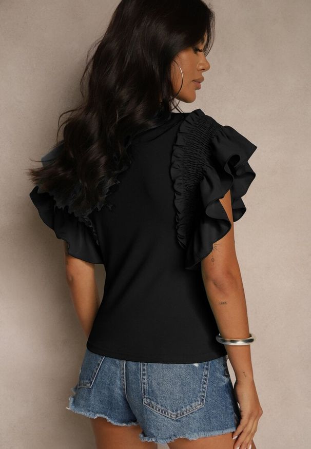 Renee - Czarna Bluzka Dislie. Kolor: czarny. Materiał: jeans, bawełna, dzianina. Wzór: kwiaty, gładki. Sezon: lato. Styl: elegancki