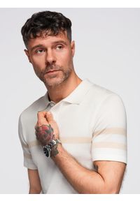 Ombre Clothing - Męska koszulka polo z miękkiej dzianiny z kontrastowymi pasami - kremowa V3 - Rozmiar: XL. Okazja: na co dzień. Typ kołnierza: polo. Kolor: kremowy. Materiał: dzianina. Długość: krótkie. Wzór: paski. Styl: casual #7
