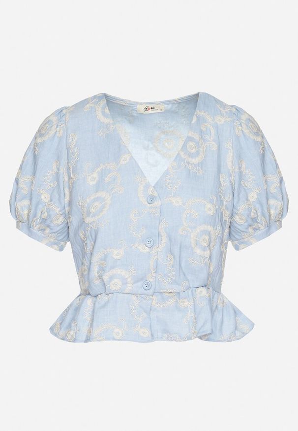 Born2be - Jasnoniebieska Bawełniana Bluzka z Ozdobnym Haftem Selselina. Okazja: na co dzień. Kolor: niebieski. Materiał: bawełna. Wzór: haft. Styl: elegancki, casual