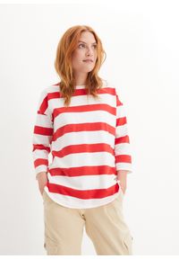 bonprix - T-shirt z rękawami 3/4 i rozcięciami z boku, z bawełny organicznej. Kolor: biały. Materiał: bawełna. Wzór: paski