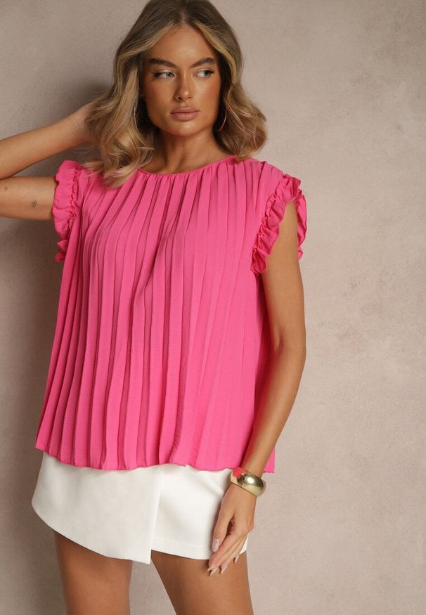 Renee - Fuksjowy Plisowany Top Koszulka z Krótkim Rękawem Meavina. Kolor: różowy. Materiał: tkanina. Długość rękawa: krótki rękaw. Długość: krótkie. Sezon: lato