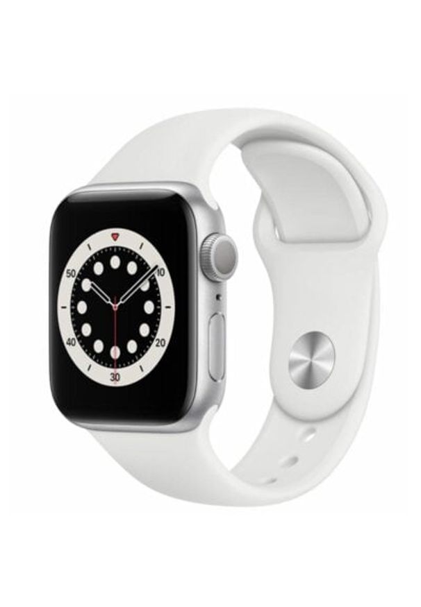 APPLE Watch 6 40mm (Srebrny z opaską sportową w kolorze białym). Rodzaj zegarka: smartwatch. Kolor: srebrny, wielokolorowy, biały. Materiał: poliester, nylon, guma, materiał. Styl: sportowy