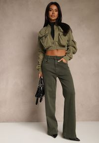 Renee - Ciemnozielone Szerokie Jeansy z Bawełny Violore. Okazja: na co dzień. Kolor: beżowy. Styl: casual