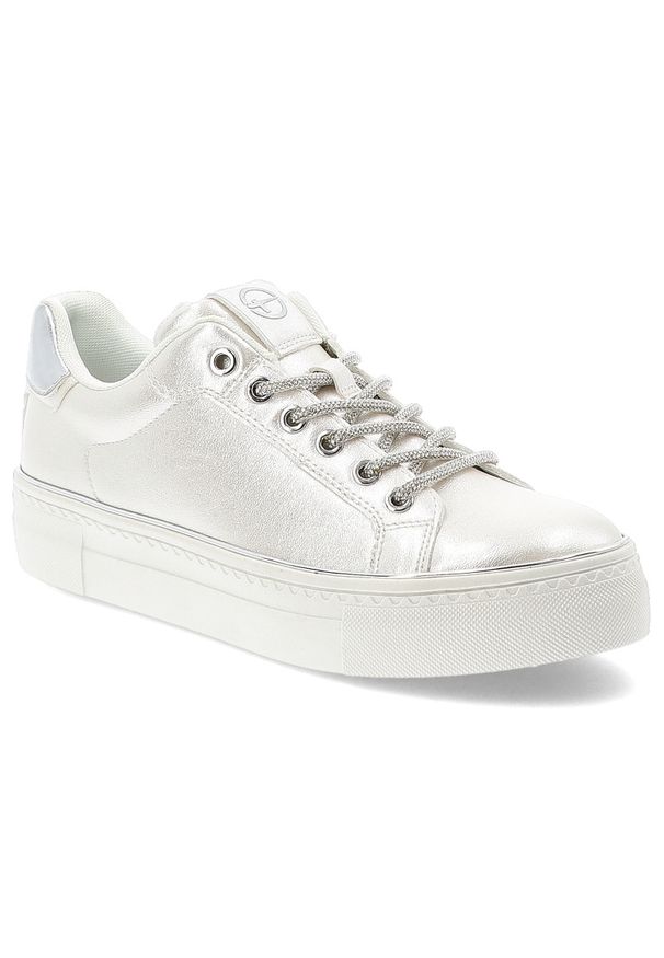 Srebrne Sneakersy Tamaris Modne Obuwie Damskie. Okazja: na co dzień. Zapięcie: sznurówki. Kolor: srebrny. Materiał: skóra. Szerokość cholewki: normalna. Styl: sportowy, klasyczny, casual