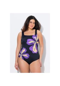 ULLA POPKEN - Damski Kostium kąpielowy kwiaty miękkie miseczku. Kolekcja: plus size. Kolor: czarny. Materiał: poliester, elastan, poliamid, materiał. Wzór: kwiaty