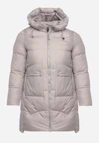 Born2be - Jasnoszara Długa Pikowana Kurtka z Nieodpinanym Kapturem Mevessia. Okazja: na co dzień. Kolor: szary. Materiał: jeans. Długość: długie. Styl: klasyczny, casual, elegancki #3