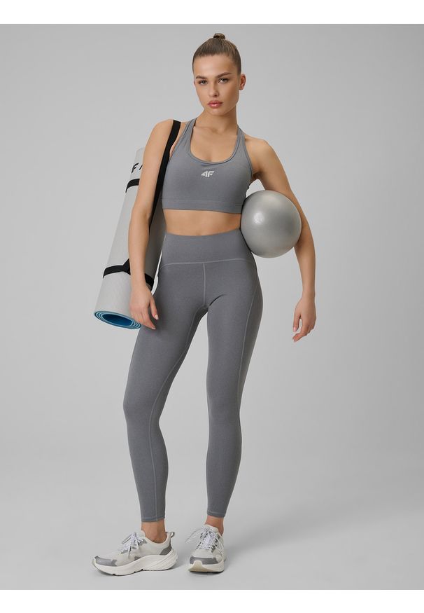 4f - 4F Legginsy treningowe szybkoschnące damskie - szare XS. Stan: podwyższony. Kolor: szary. Materiał: włókno. Długość: długie. Sport: fitness