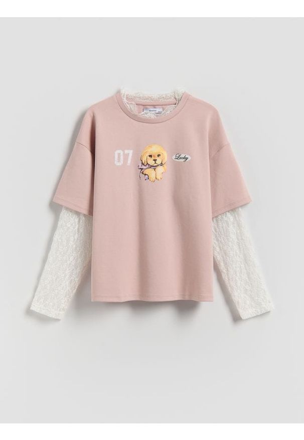 Reserved - Koszulka z koronkowymi rękawami - różowy. Kolor: różowy. Materiał: koronka