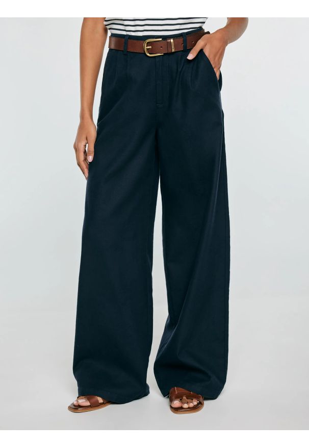 Big-Star - Spodnie damskie wide z domieszką lnu granatowe Malusi 403. Stan: podwyższony. Kolor: niebieski. Materiał: len. Sezon: lato. Styl: elegancki