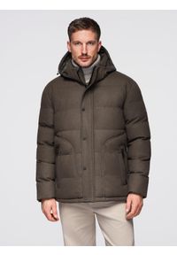 Ombre Clothing - Męska kurtka casualowa puffer z wełną – ciemnooliwkowy melanż V4 - Rozmiar: XL. Okazja: na co dzień. Typ kołnierza: kołnierzyk stójkowy. Kolor: oliwkowy. Materiał: wełna. Długość: długie. Wzór: melanż. Styl: casual